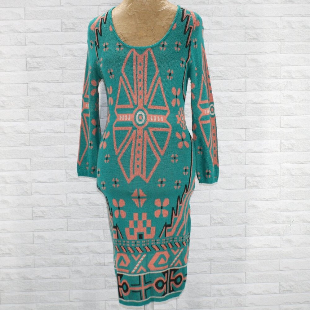 MIAMI Dress Sweater Bodycon Long Sleeve Knit Midi Southwestern Green Peach Small